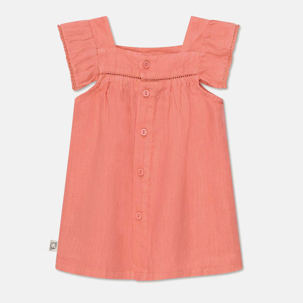 Linen Lace Baby Dress & Ruffle Bloomers - Coral
