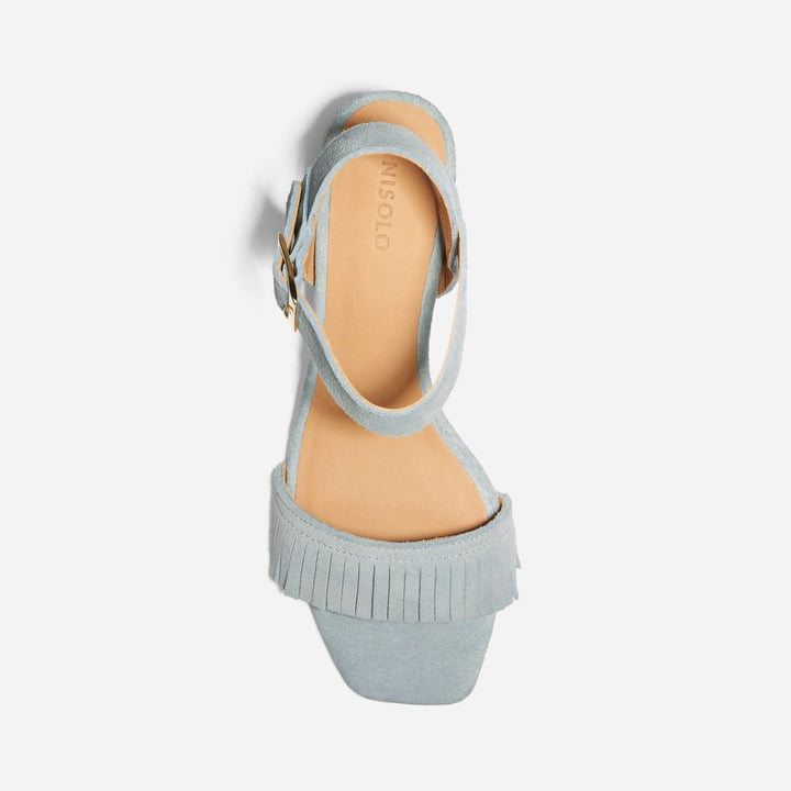 Stella Fringe Heel Sandal - Dusty Blue Suede