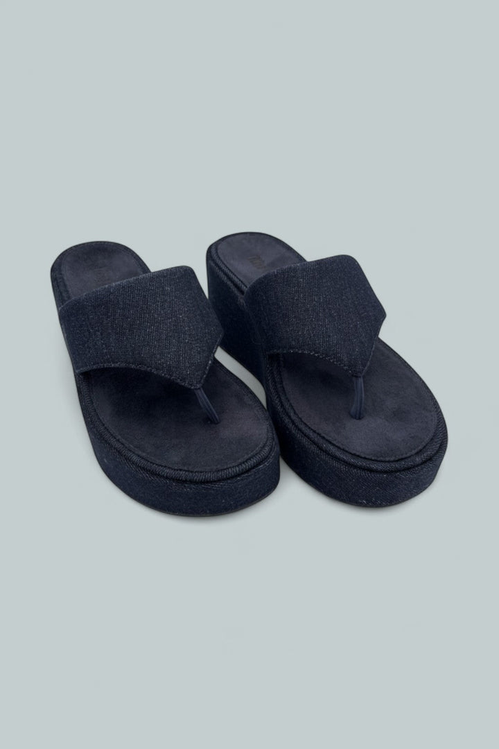 Platfforms Denim Wedge Toe-Post Sandals - Dark Denim