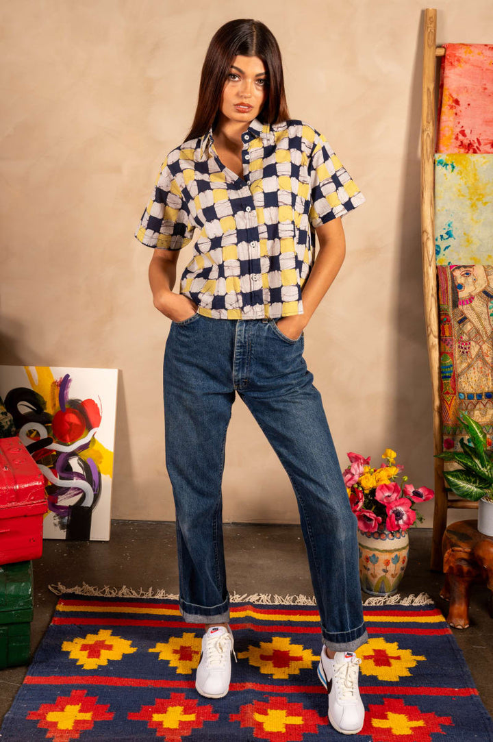Hand Block Printed 'The Michelle' Shirt - Yellow And Black Chessboard Batik Print