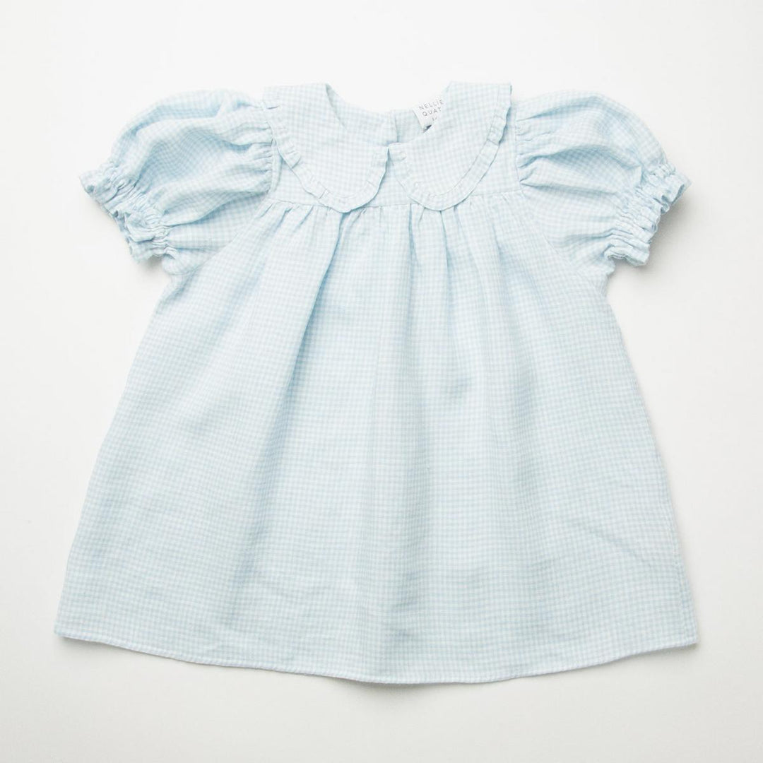 Baby Marbles Dress - Baby Blue And Milk Mini Check Linen