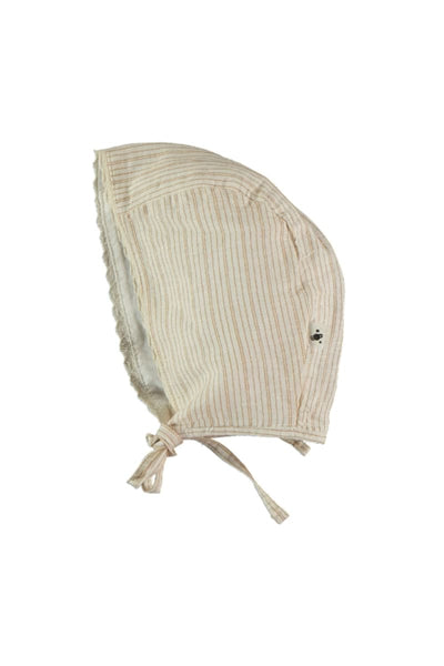 Linen Cotton Striped Baby Bonnet - Peanut
