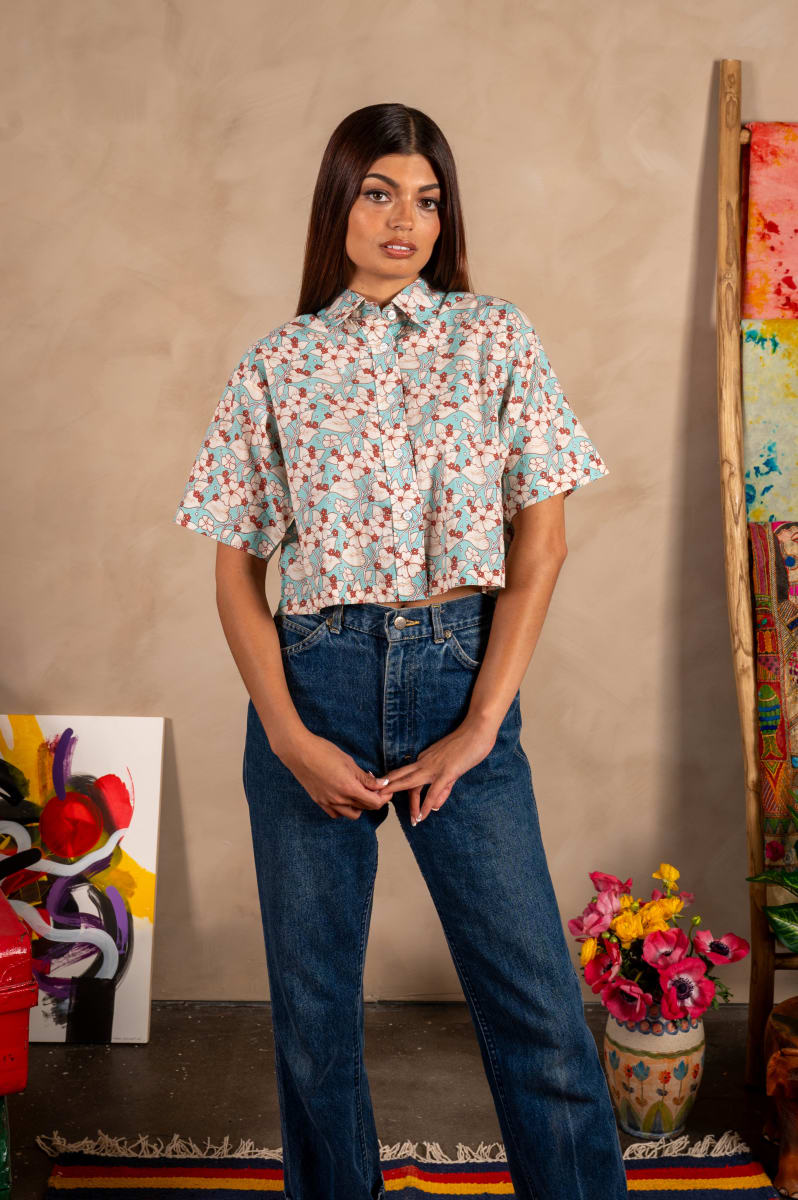 Hand Printed 'The Cami' Crop Shirt - Turquoise And White Floral