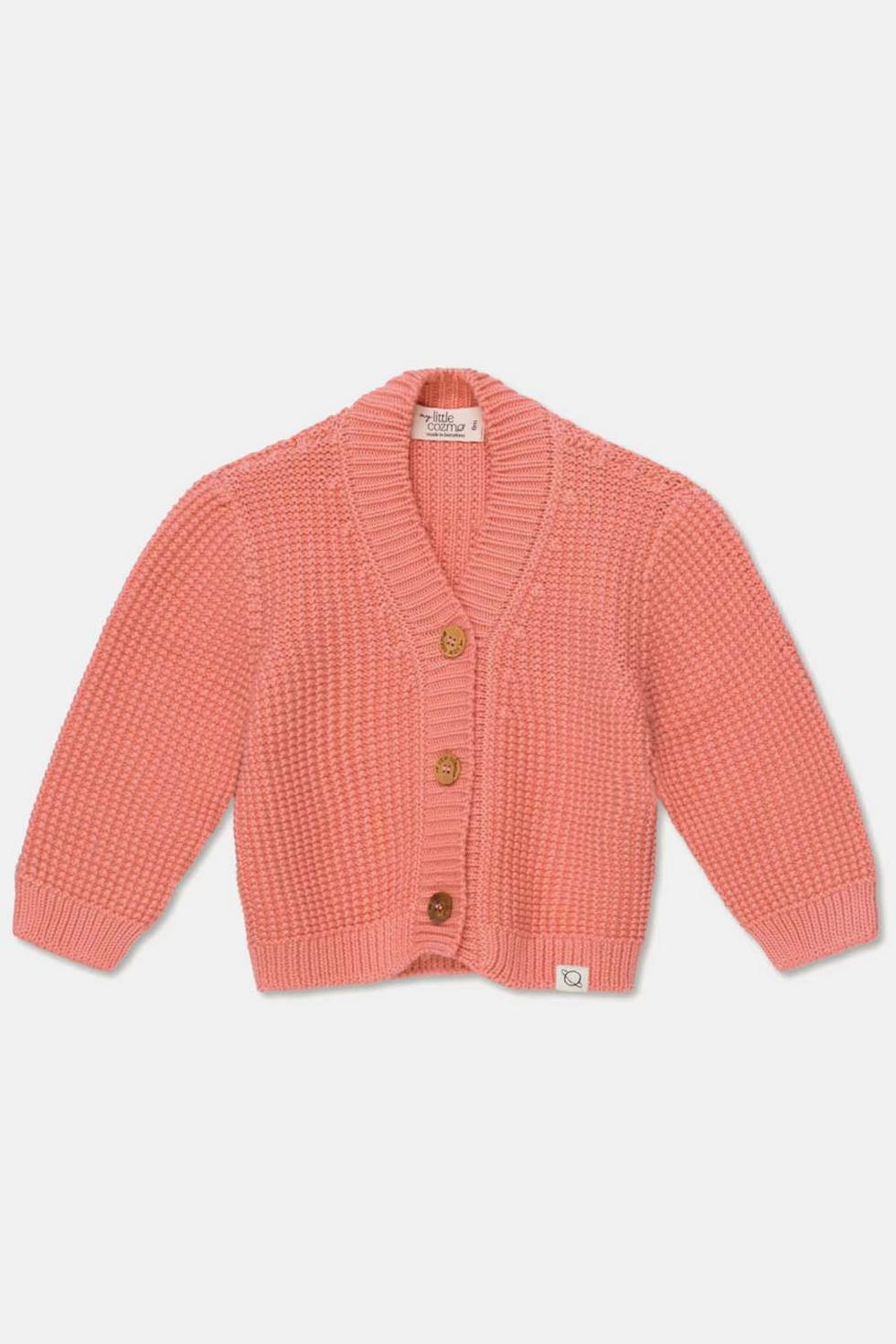 Waffle-knit v-neck baby cardigan - Coral