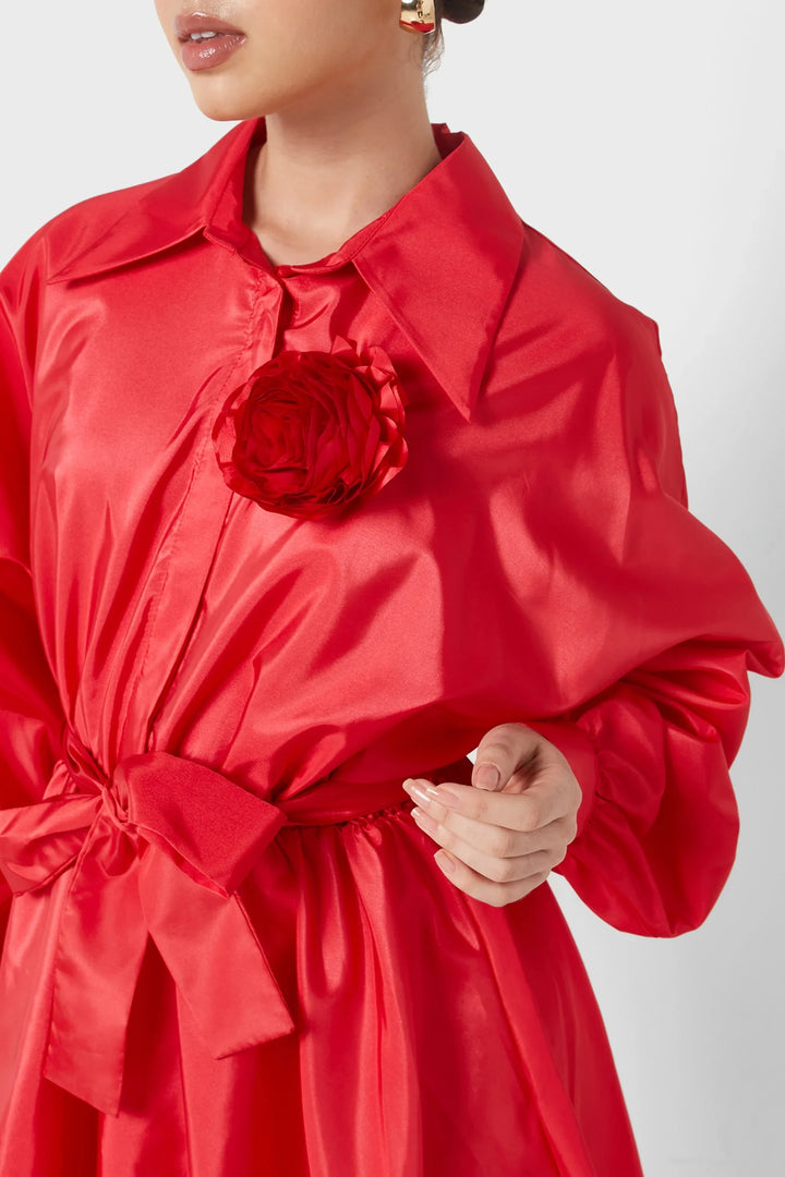 Belted Taffeta Dress - Red