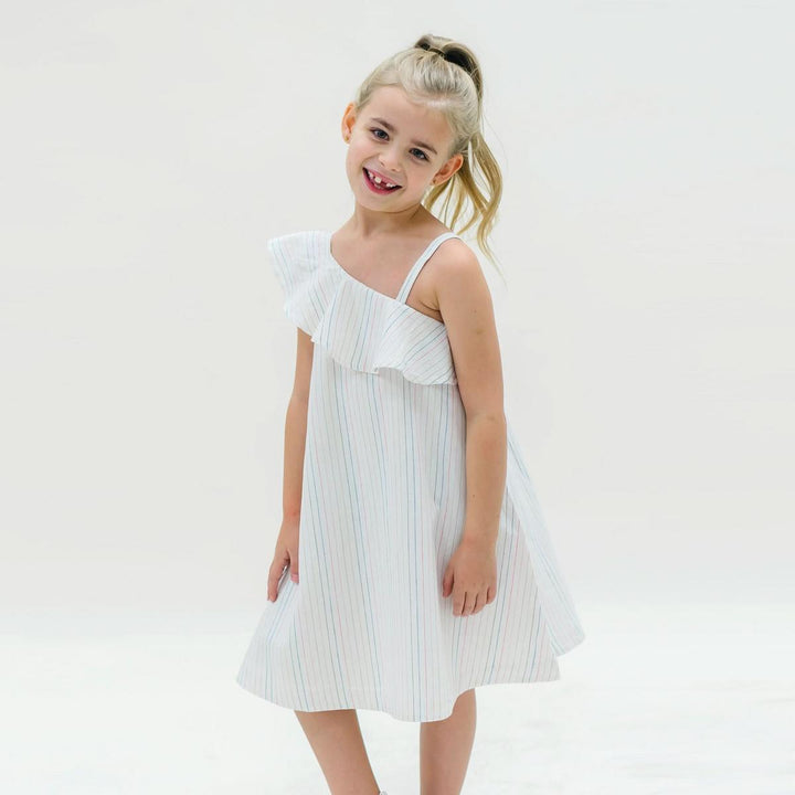 One Shoulder Flounce Dress - Rainbow Pencil Stripe
