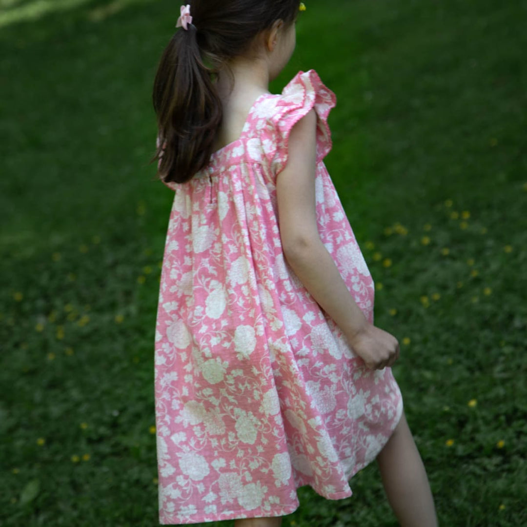 Girls' Square Neck Flutter Sleeves Dress - Pink Floral