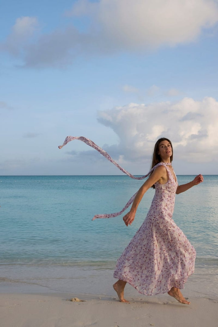 Rivi Neck Scarf Maxi Dress - Pink Floral
