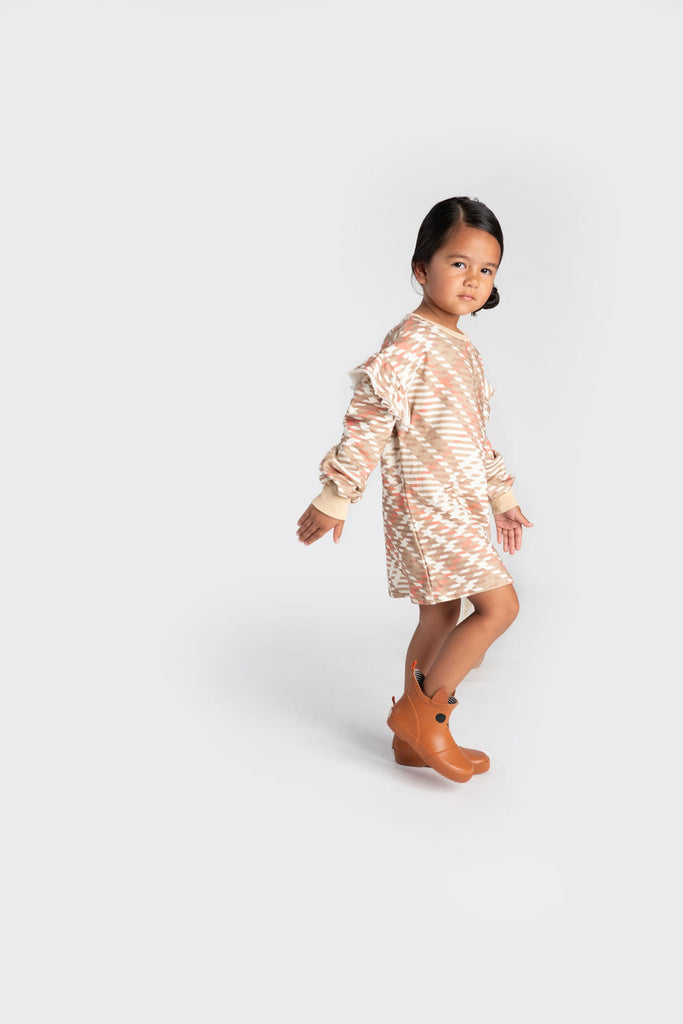 Girls Plaid Ruffle Terry Dress - Beige