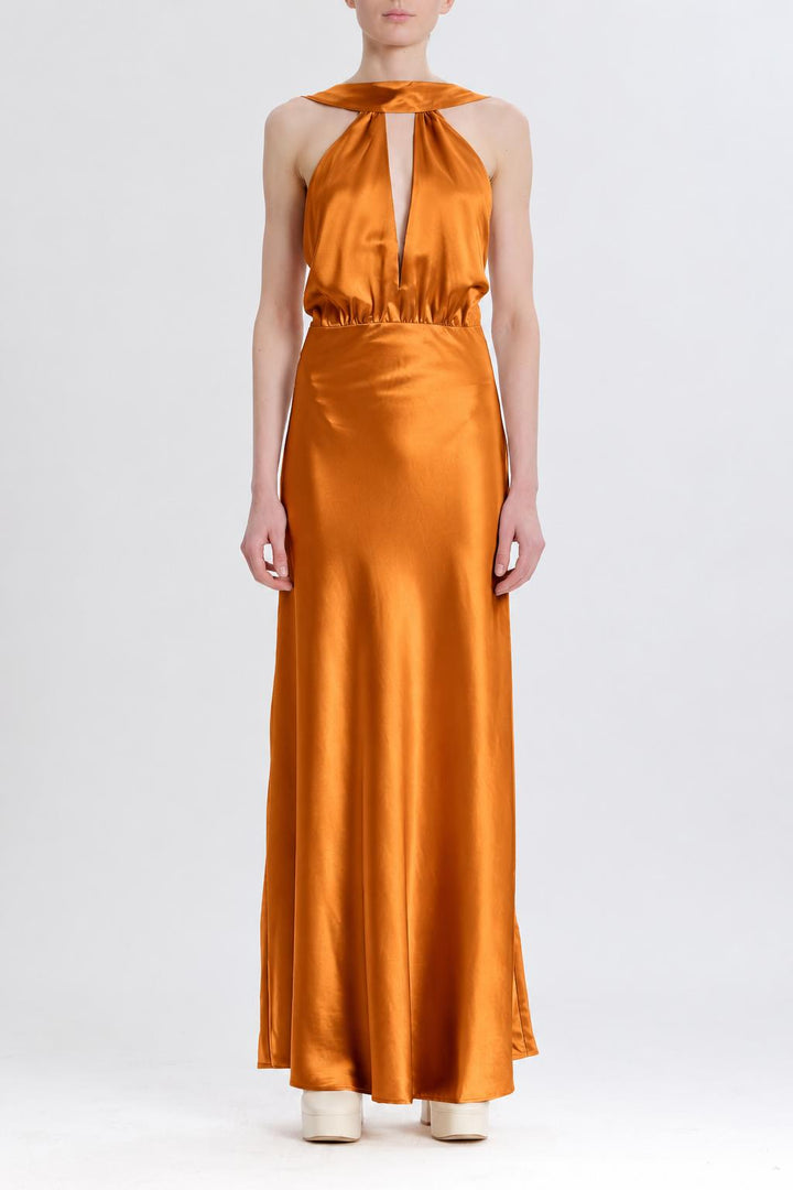 Silky Halter Cutout Gown - Burnt Orange