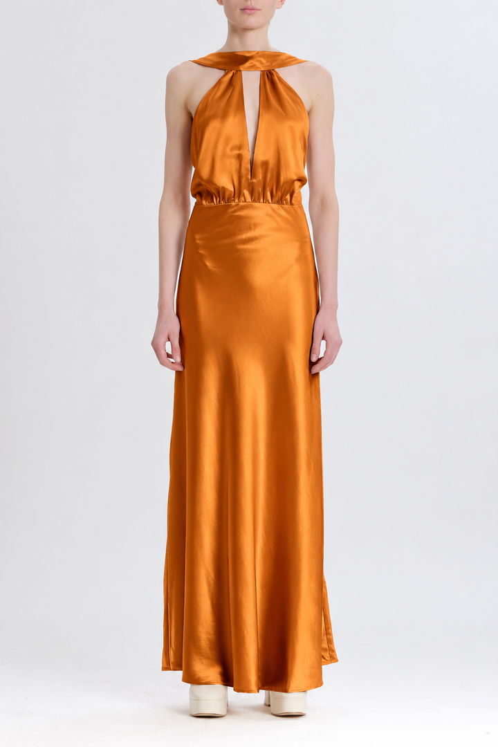 Silky Halter Cutout Gown - Burnt Orange