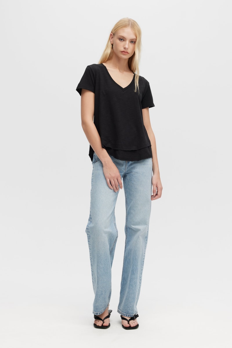 Ava V-Neck Mock Layer T-Shirt - Black