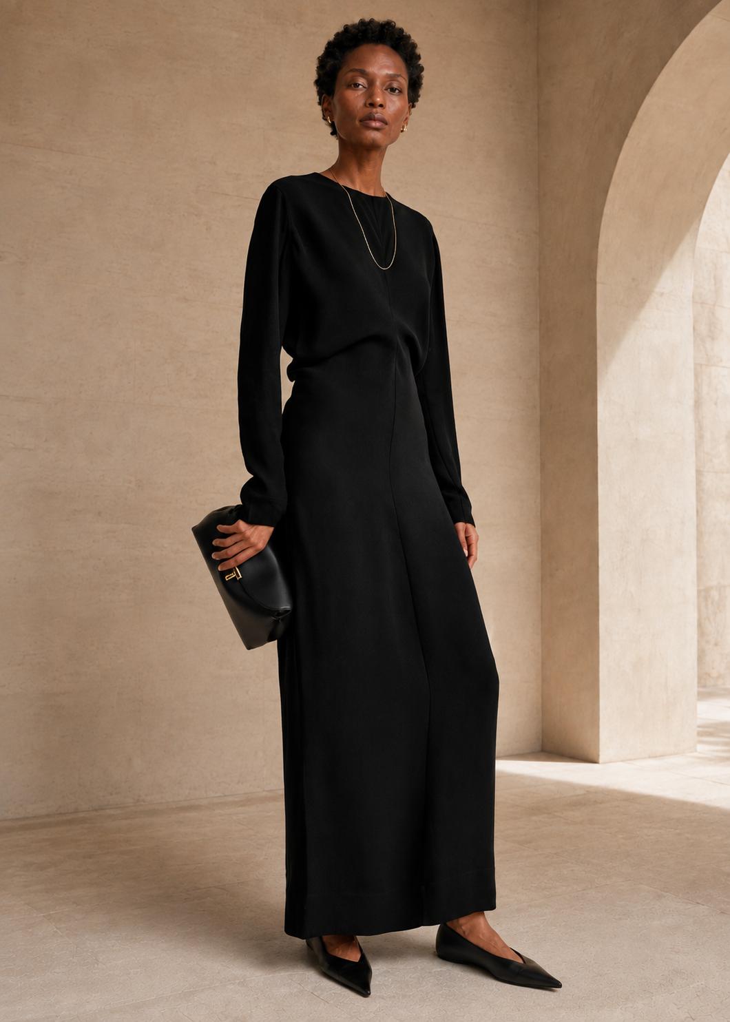 Long-Sleeve Slouch Waist Dress - Black