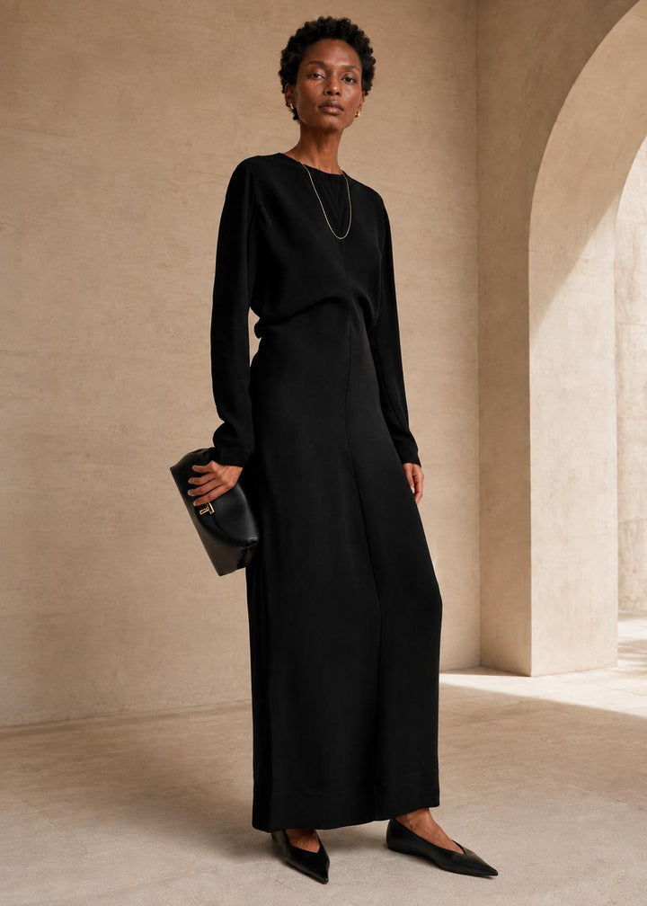 Long-Sleeve Slouch Waist Dress - Black