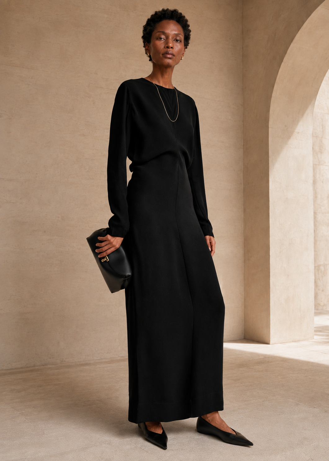 Long-Sleeve Slouch Waist Dress - Black