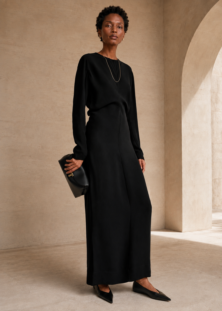 Long-Sleeve Slouch Waist Dress - Black