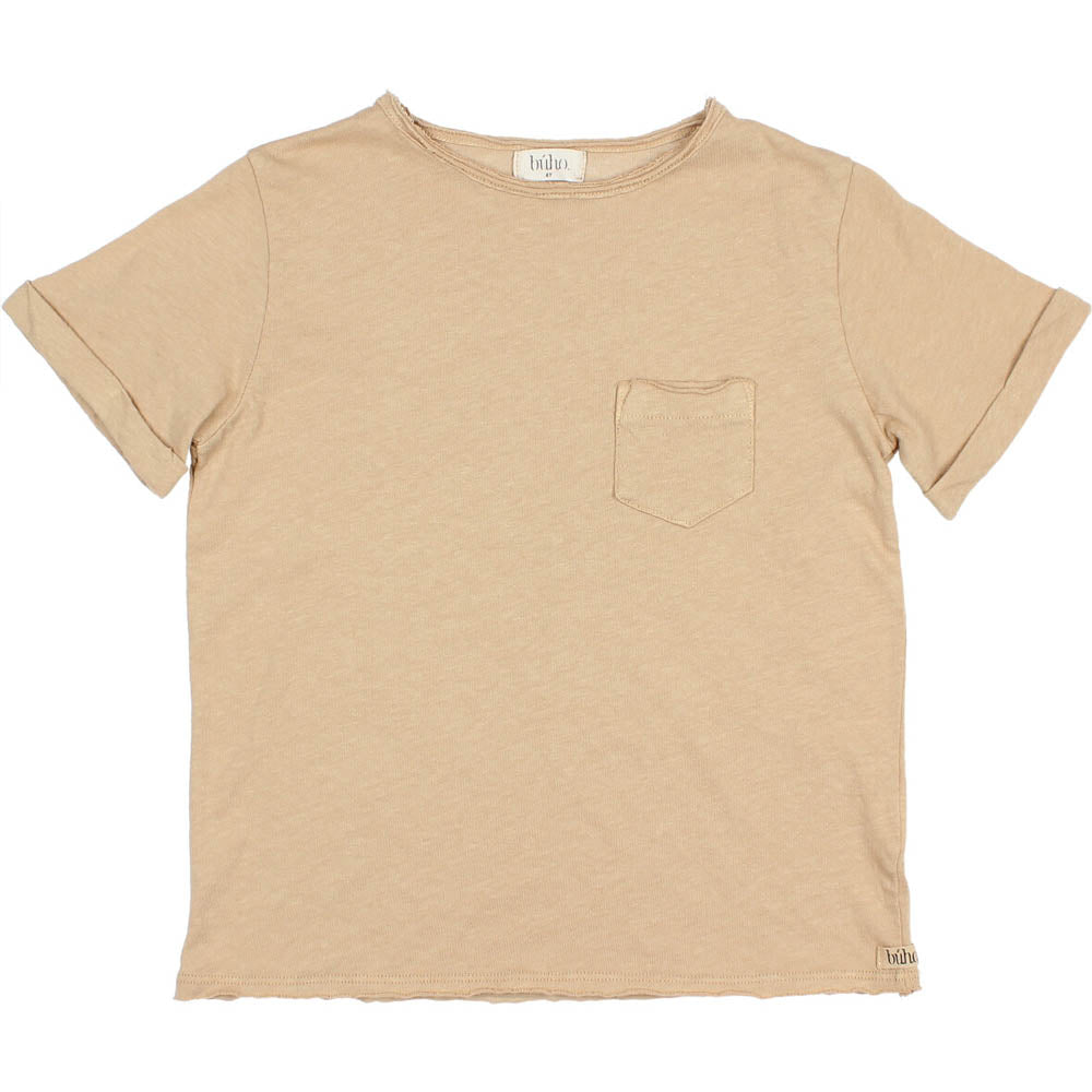 Pocket Rolled Sleeves Linen Tee Shirt - Biscotto