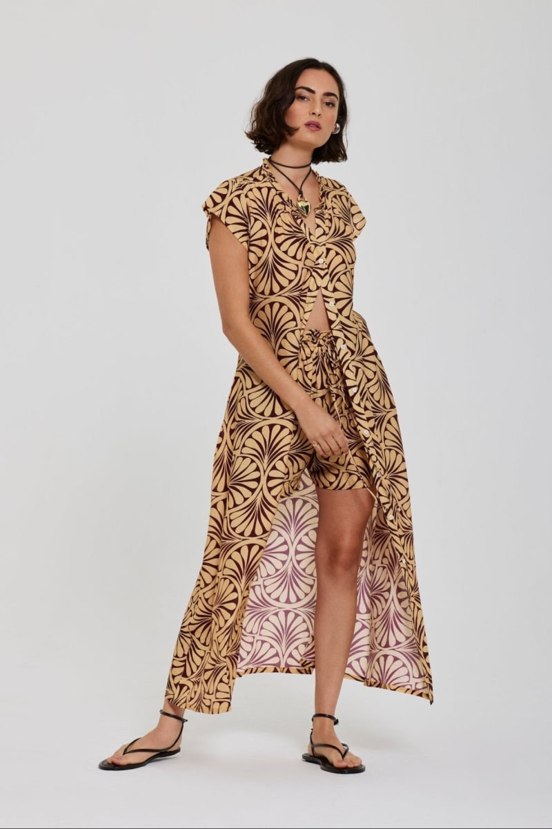 Lindsay Maxi Dress With Belt - Brown Geometric