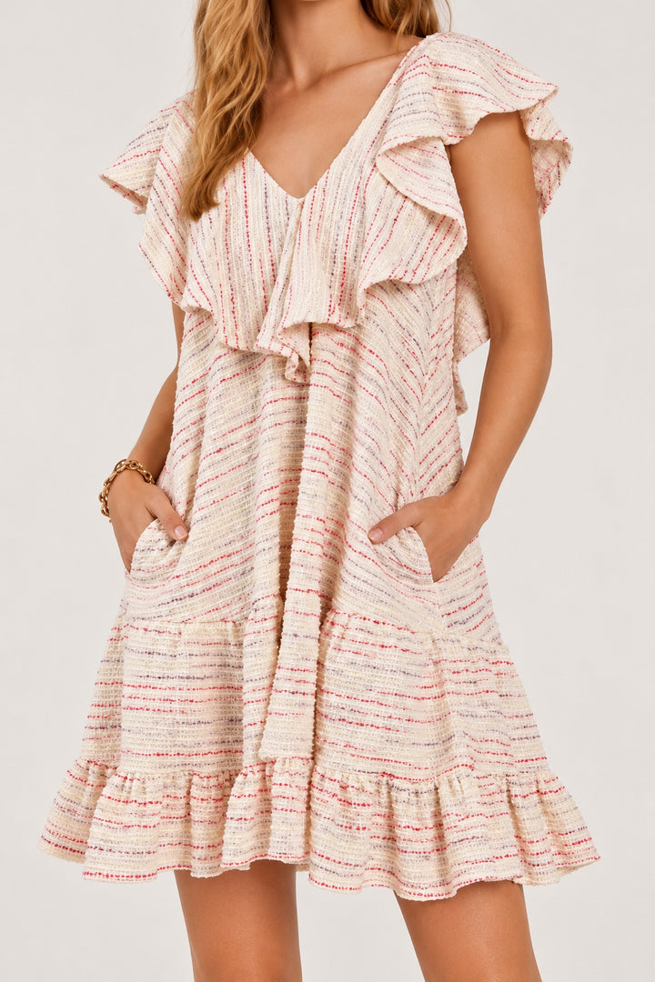Quinn V-Neck Ruffle Dress - Cream Multi