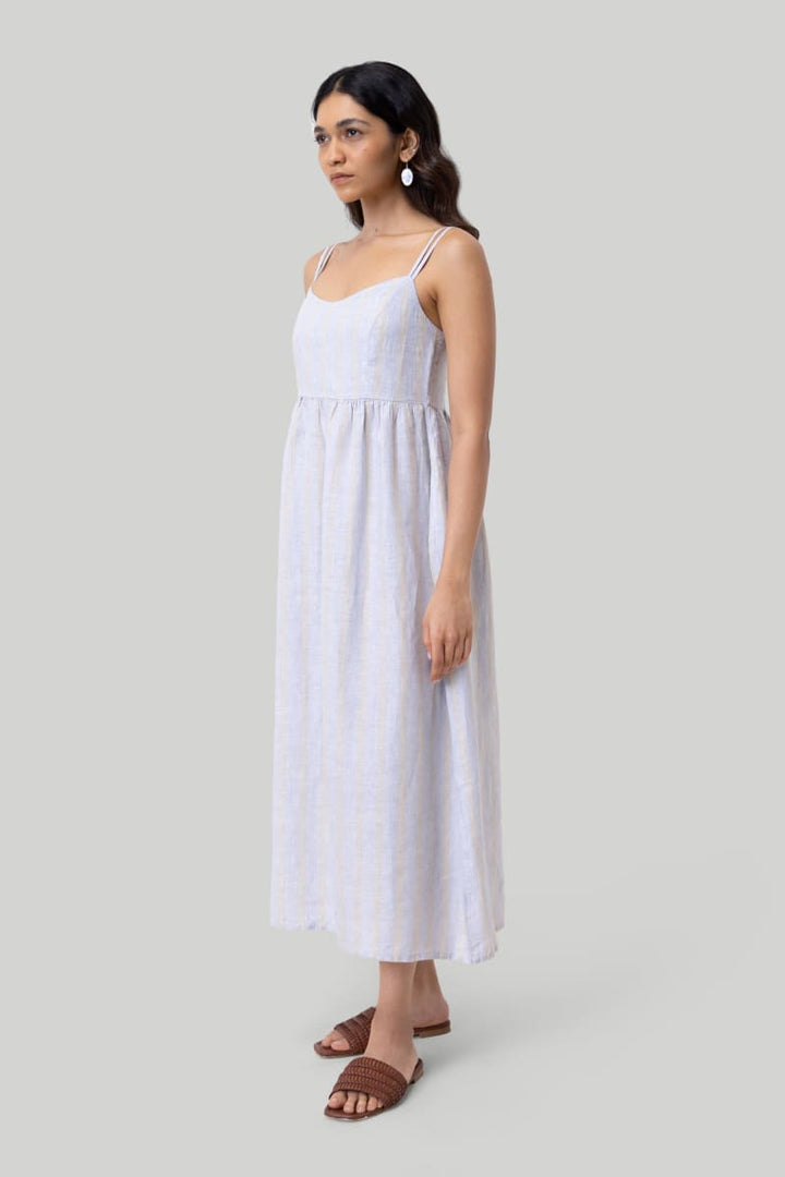 Strappy Gathered Midi Dress - Textured Stripes
