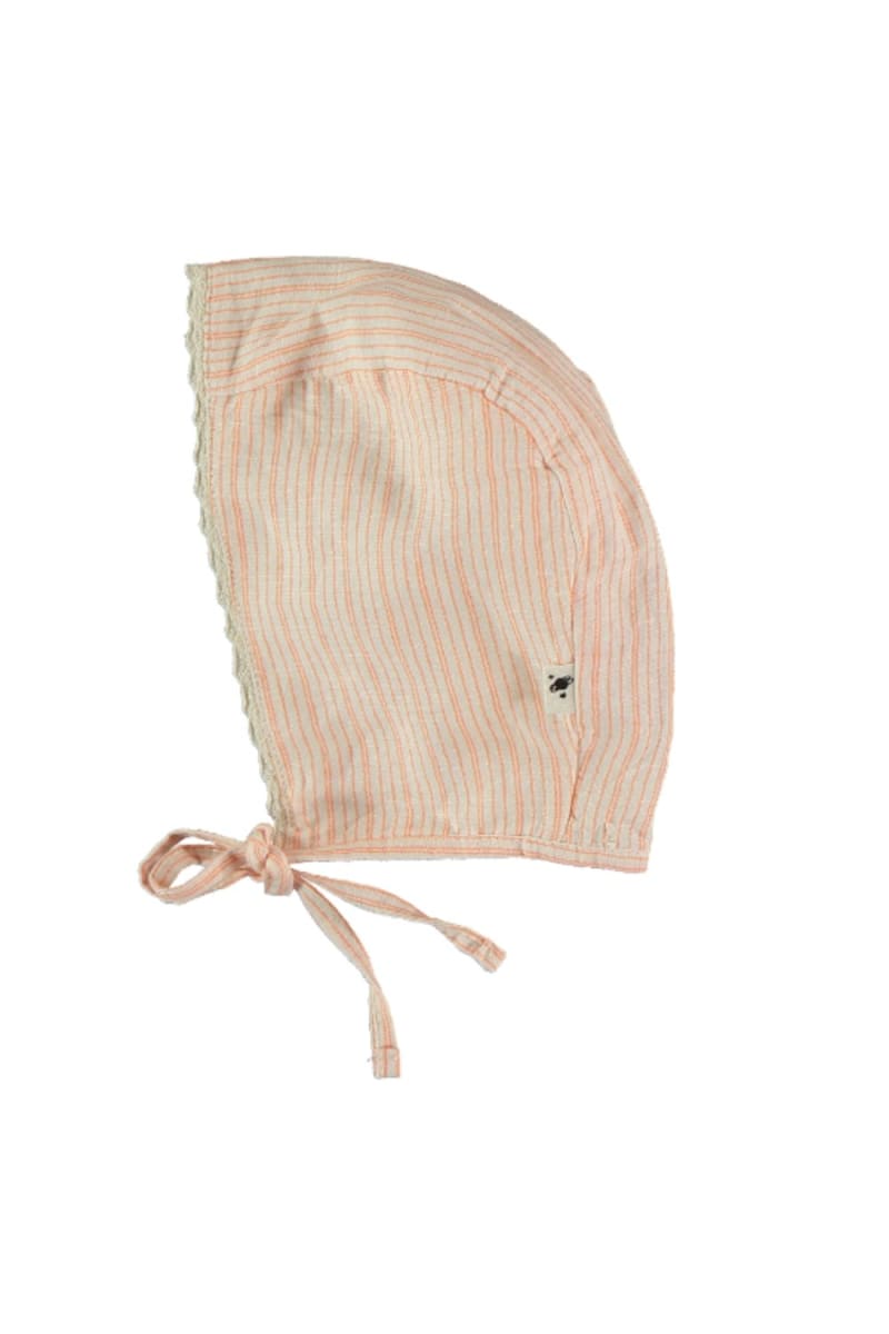 Linen Cotton Striped Baby Bonnet - Peach
