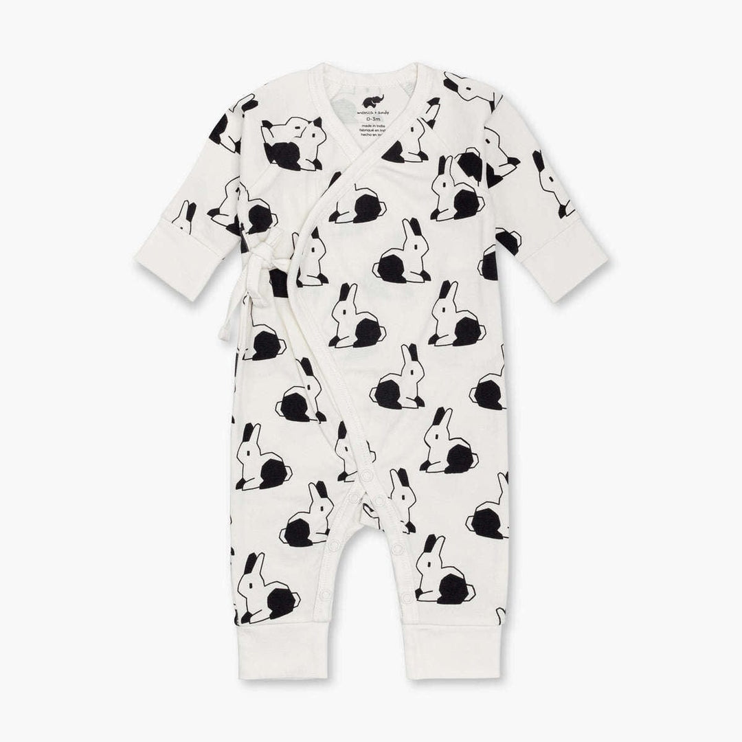 Kimono Tie One-Piece - Black + White Bunnies