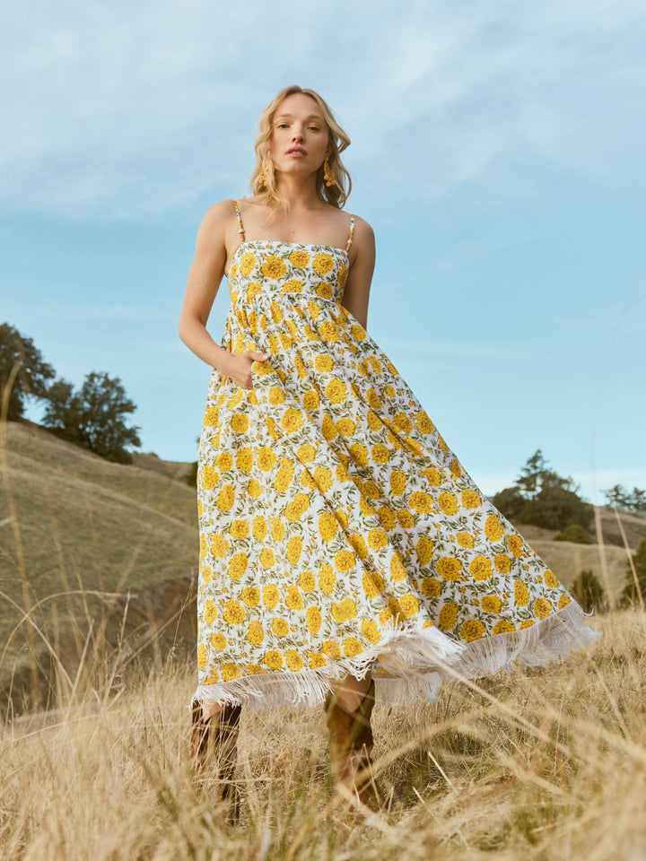 Gavin Fringe Midi Dress - Cream/Canary Floral print