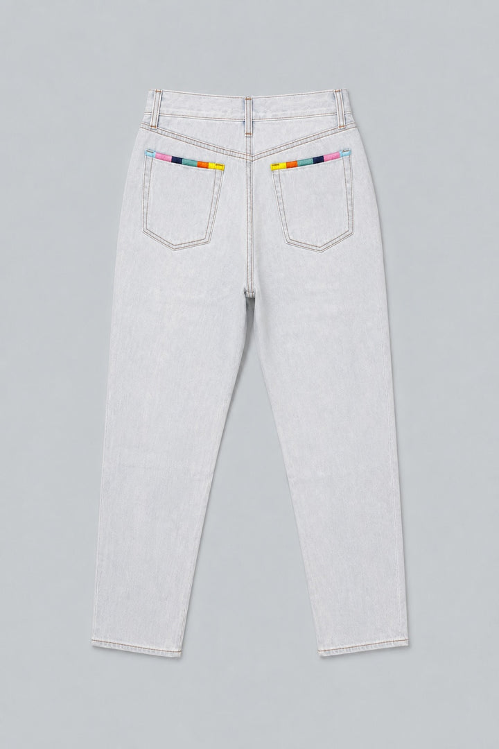 Straight Leg Embroidered Denim - Light Blue
