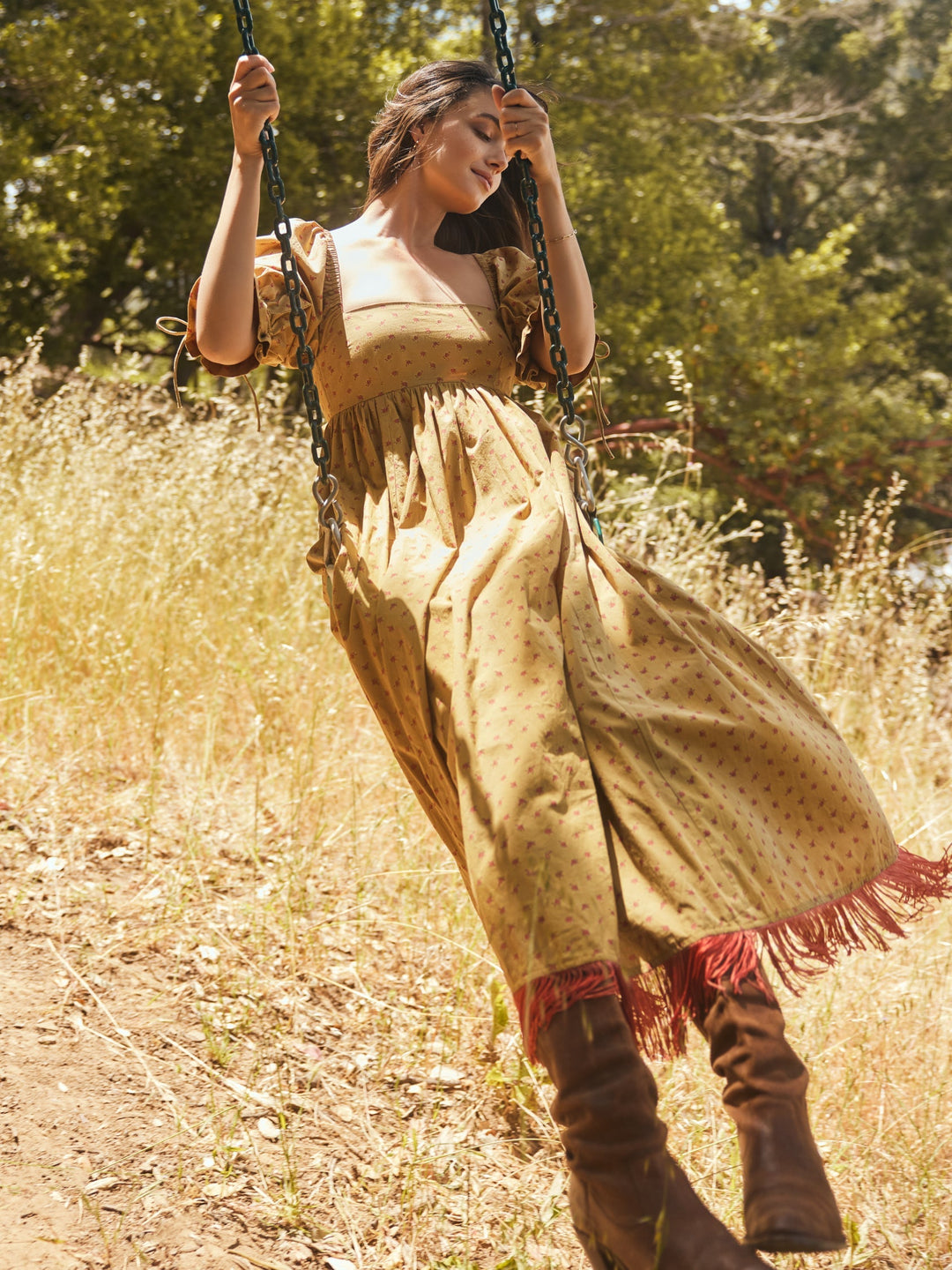 Jocelyn Puff Sleeve Fringe Dress - Honeycomb/Mini Rose Floral