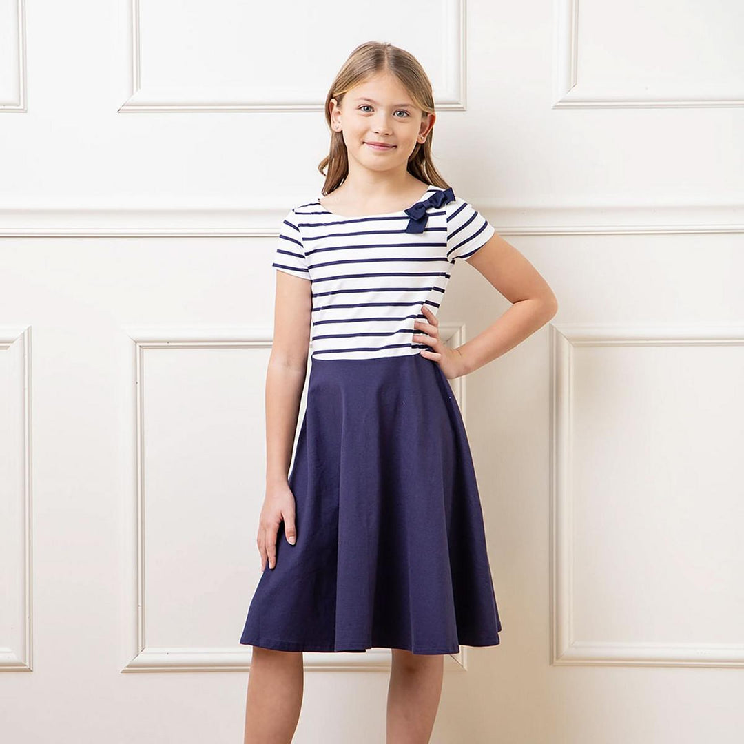 Short Sleeve Organic Knit Skater Dress - White and Navy Stripe