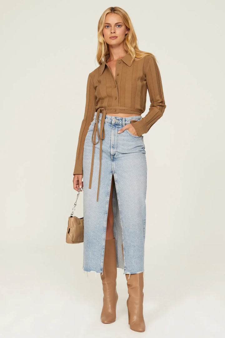 Waist Tie Button Up Sweater - Tan