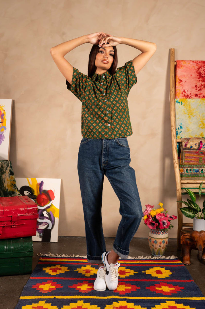 'The Michelle' Hand Printed Short Sleeve Shirt - Green And Gold Motif Print