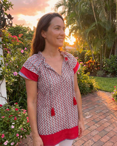 Varina Top - Periwinkle and Red