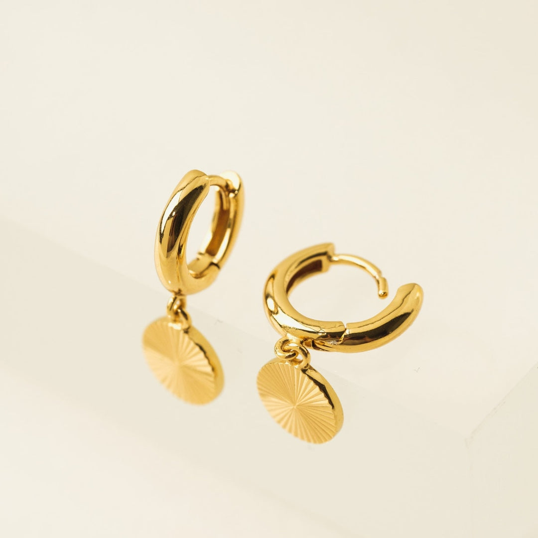 Coin Fluted Huggie Drop Hoop Earrings - Gold