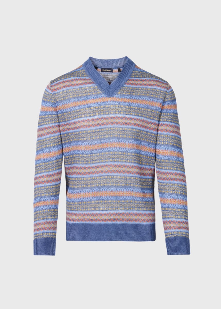 Linen Fair Isle V-neck Sweater - Blue