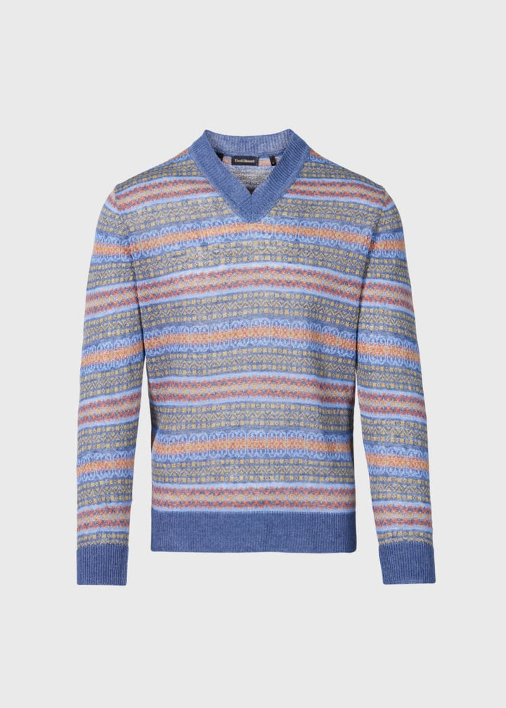 Linen Fair Isle V-neck Sweater - Blue