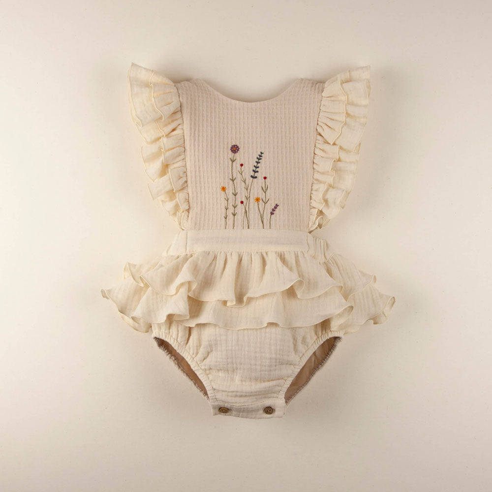 Off White Romper Suit with Embroidered Bib