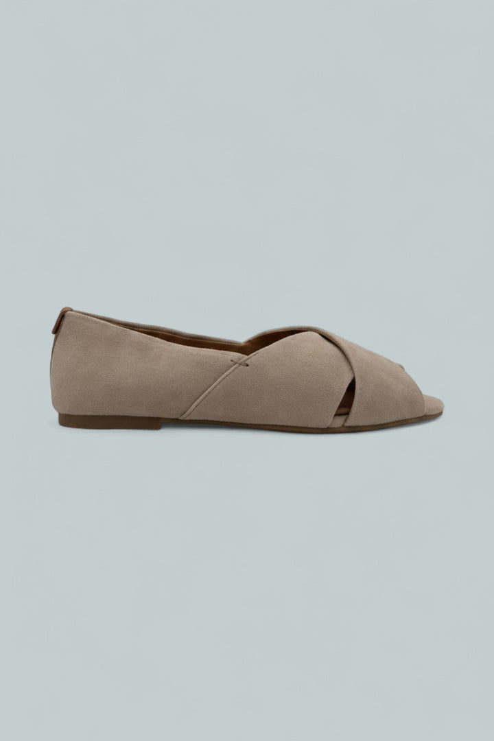 Whoebe Suede Criss-Cross Open Toe Flat - Mushroom Suede