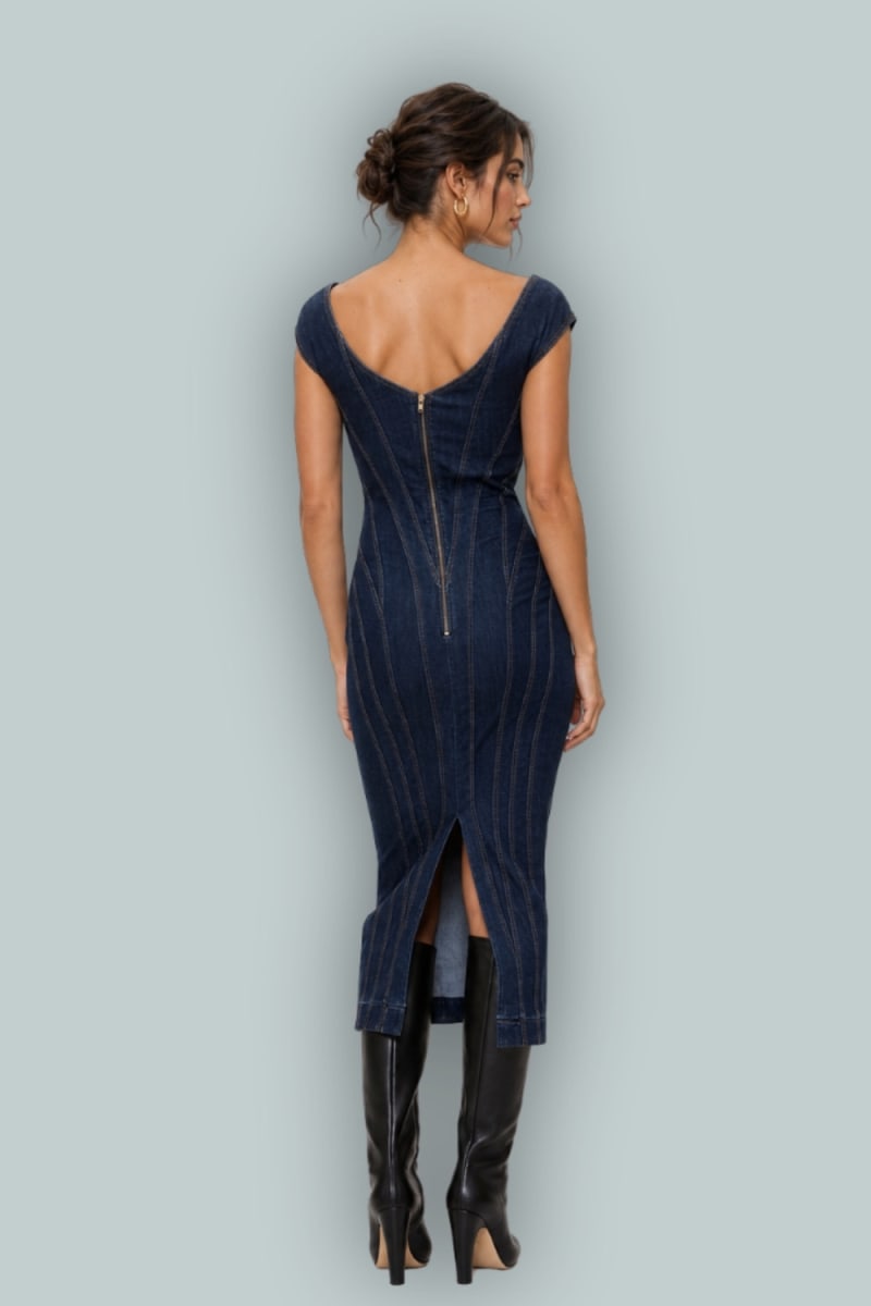 GapStudio Seamed Denim Cap-Sleeve Midi Dress - Dark Wash