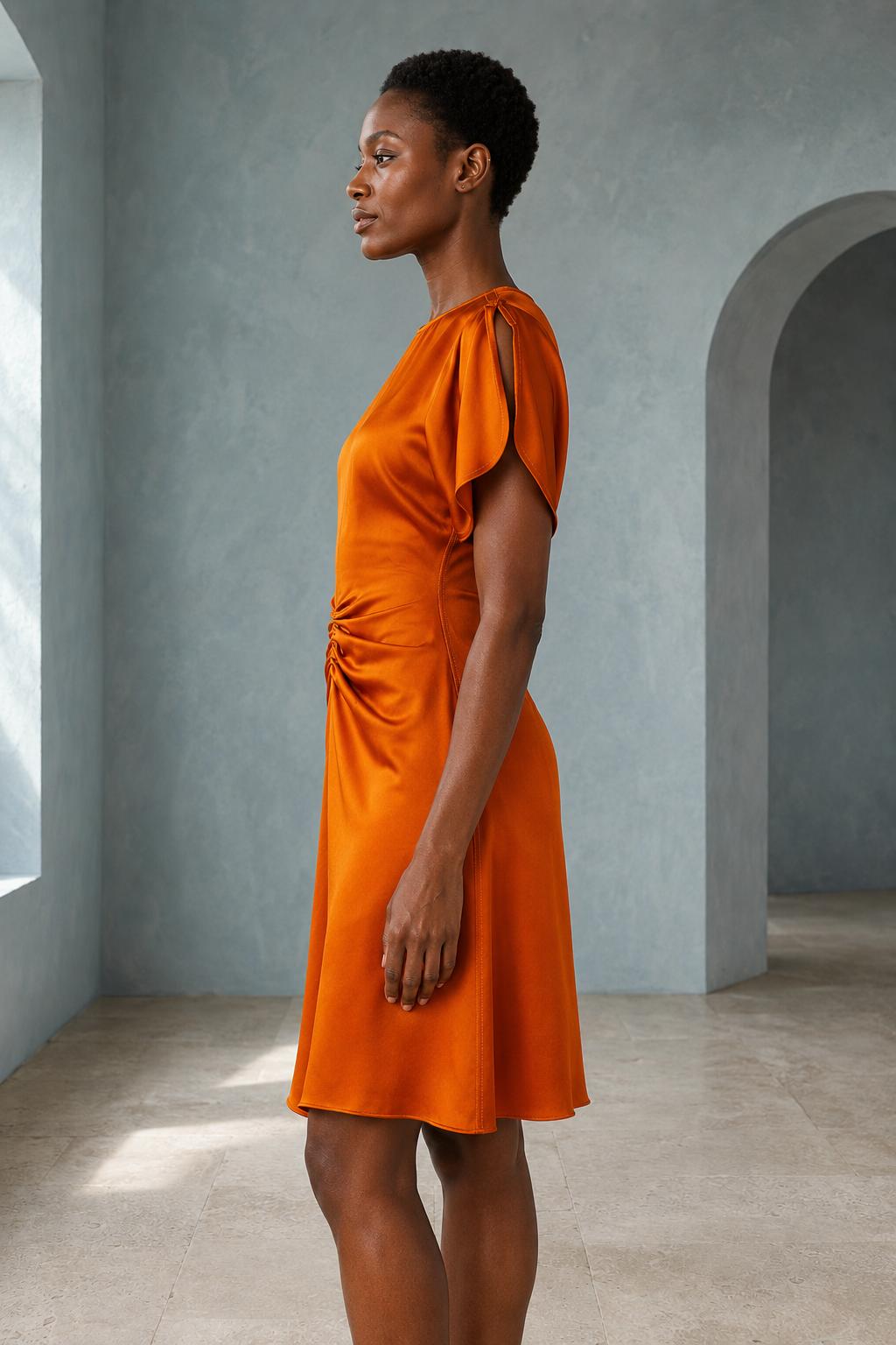Gathered Waist Mini Dress - Sunset Orange