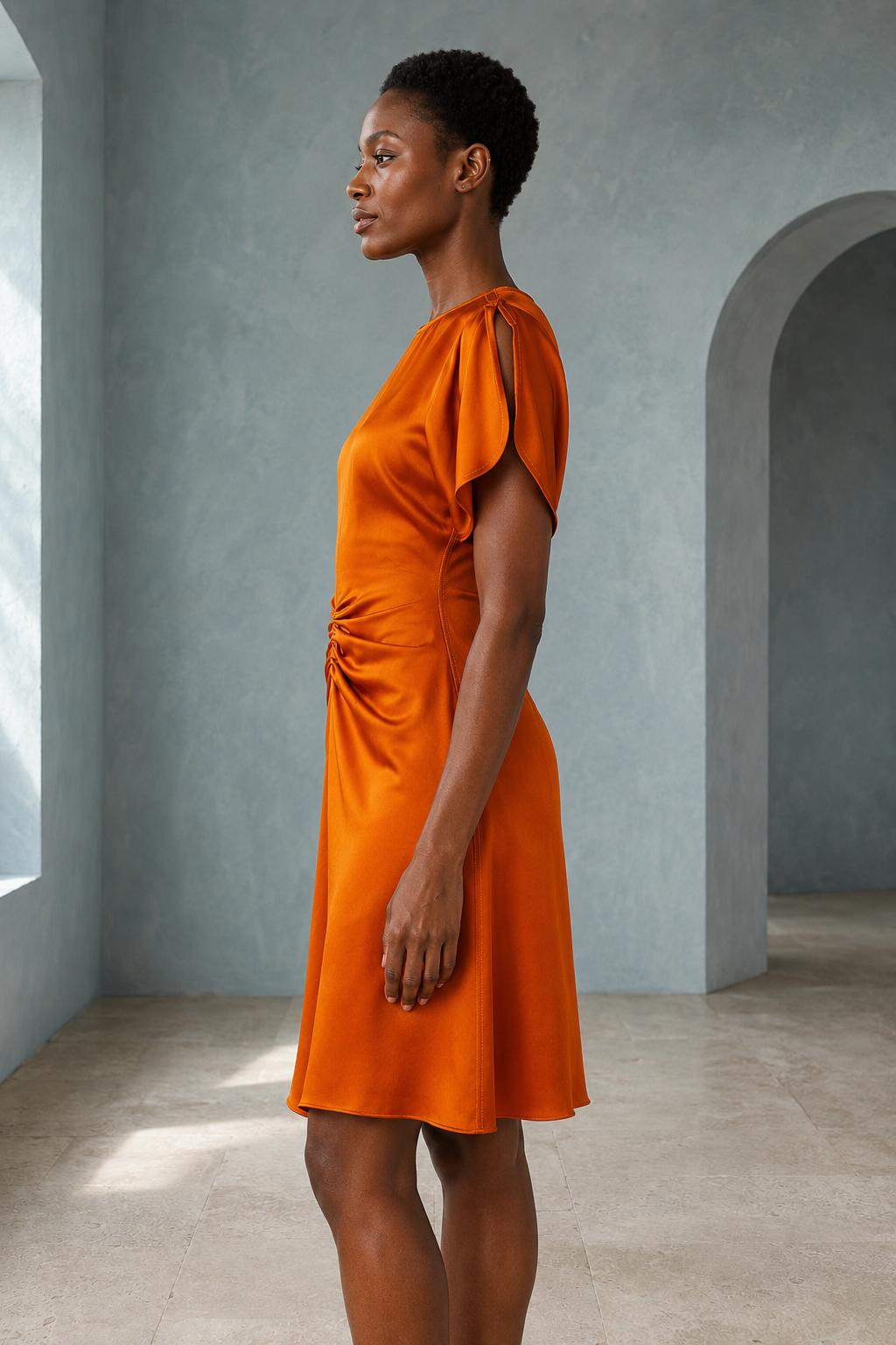 Gathered Waist Mini Dress - Sunset Orange