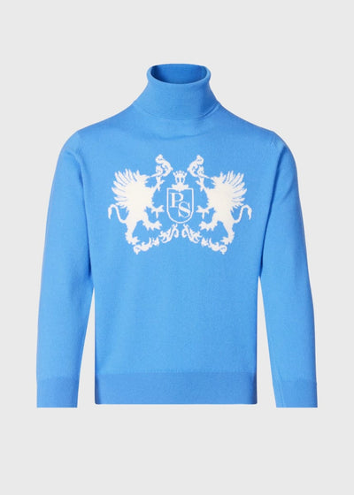 Blue Intarsia Cashmere Crest Turtleneck Pullover - Light Blue