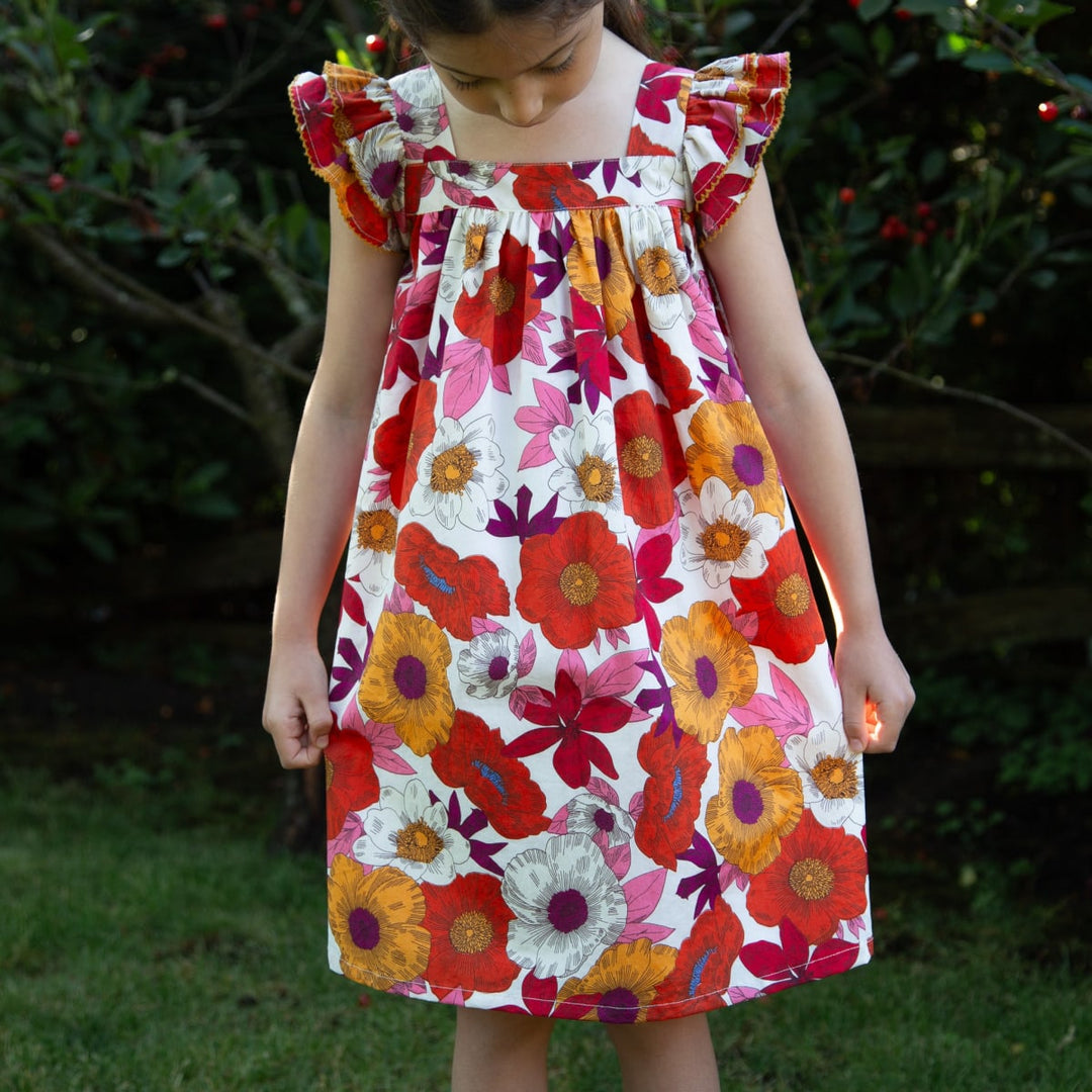 Girls Everly Square Neck Dress - Red And Orange Floral Medley