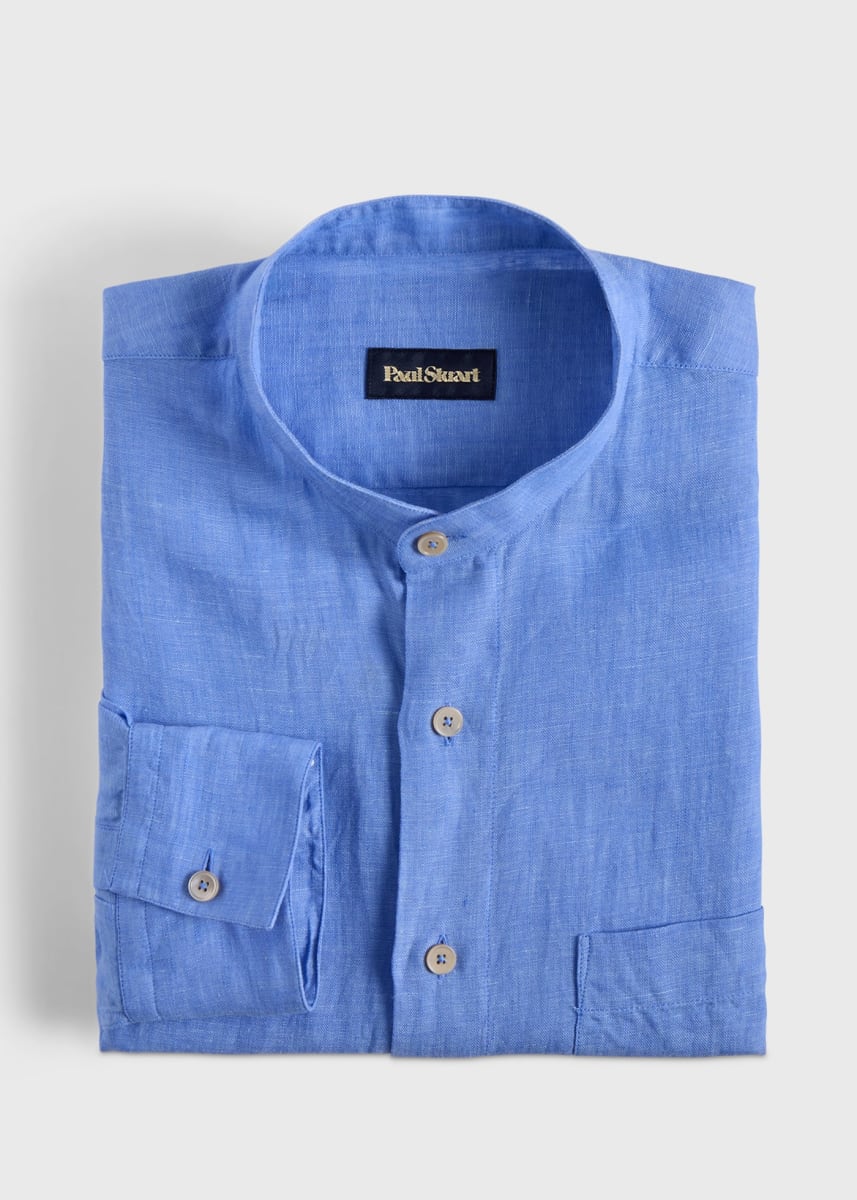 Washed Linen Stand Collar Shirt - Blue