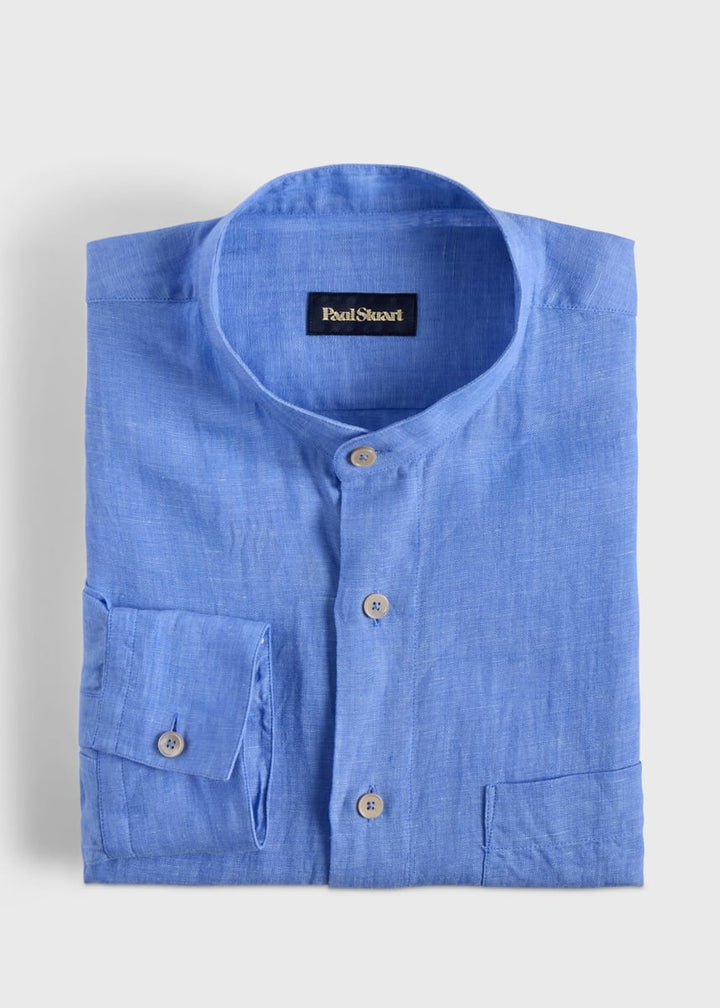 Washed Linen Stand Collar Shirt - Blue