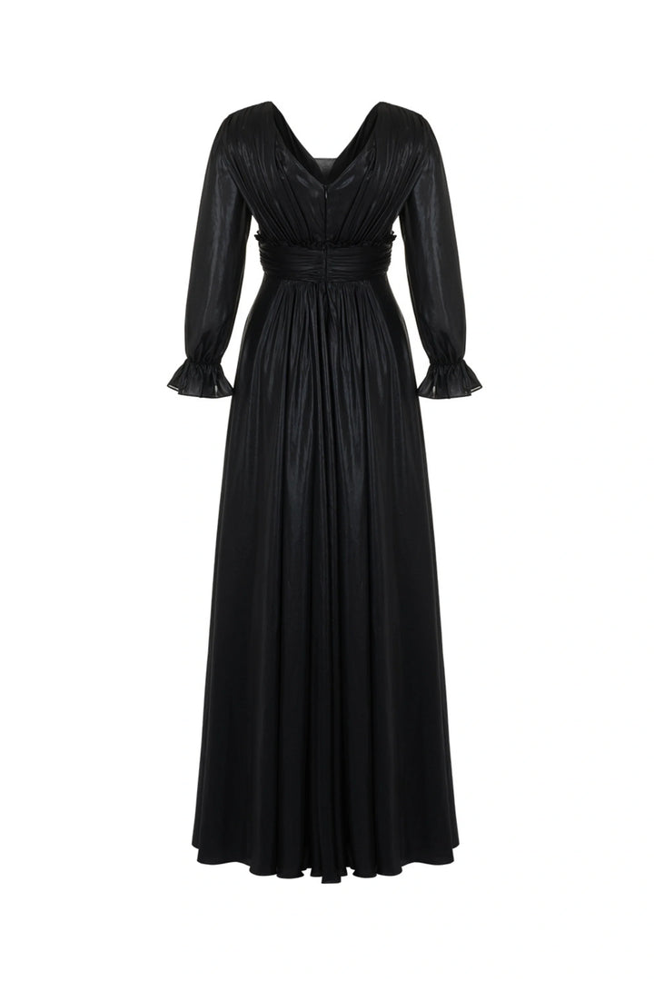 V-Neck Ruched Long Dress - Black