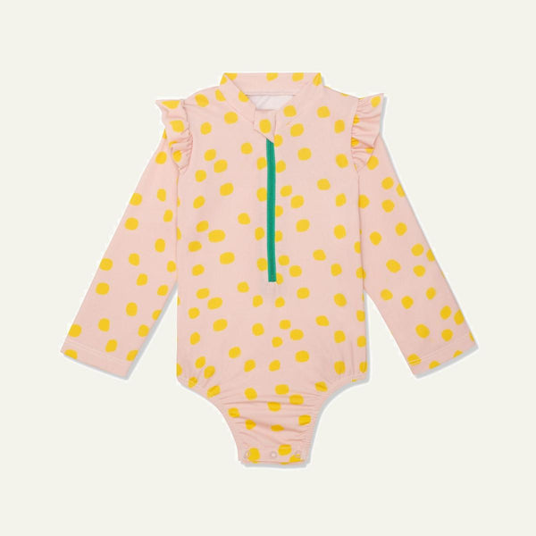 Recycled Polyester Sepia Dotted Zipped Kid Rashguard - Sepia/cyber Yellow - One Piece Swim