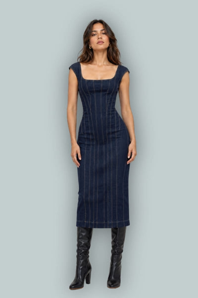 GapStudio Seamed Denim Cap-Sleeve Midi Dress - Dark Wash