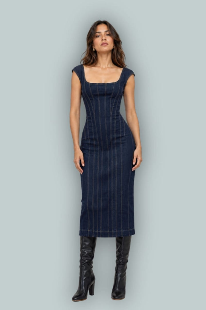GapStudio Seamed Denim Cap-Sleeve Midi Dress - Dark Wash