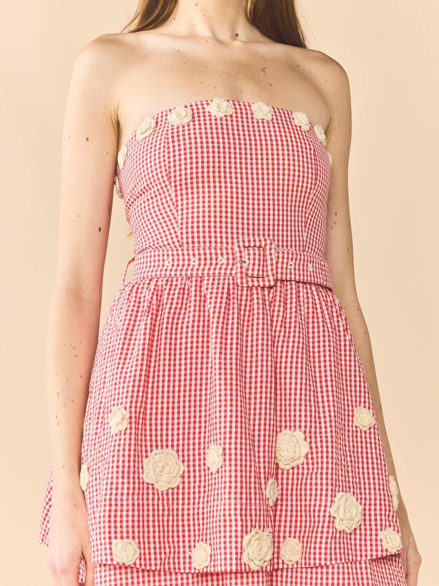 Daisy Dress X Rainey Collaboration - Red Gingham with Cream Crochet Appliqué